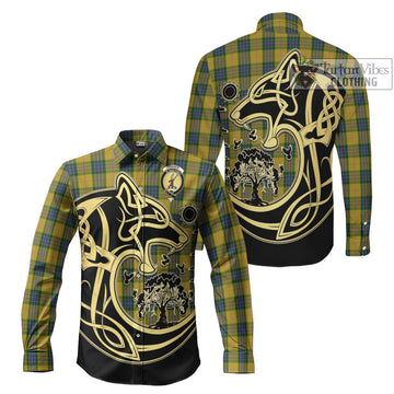 Fraser Yellow Tartan Long Sleeve Button Shirt with Family Crest Celtic Wolf Style