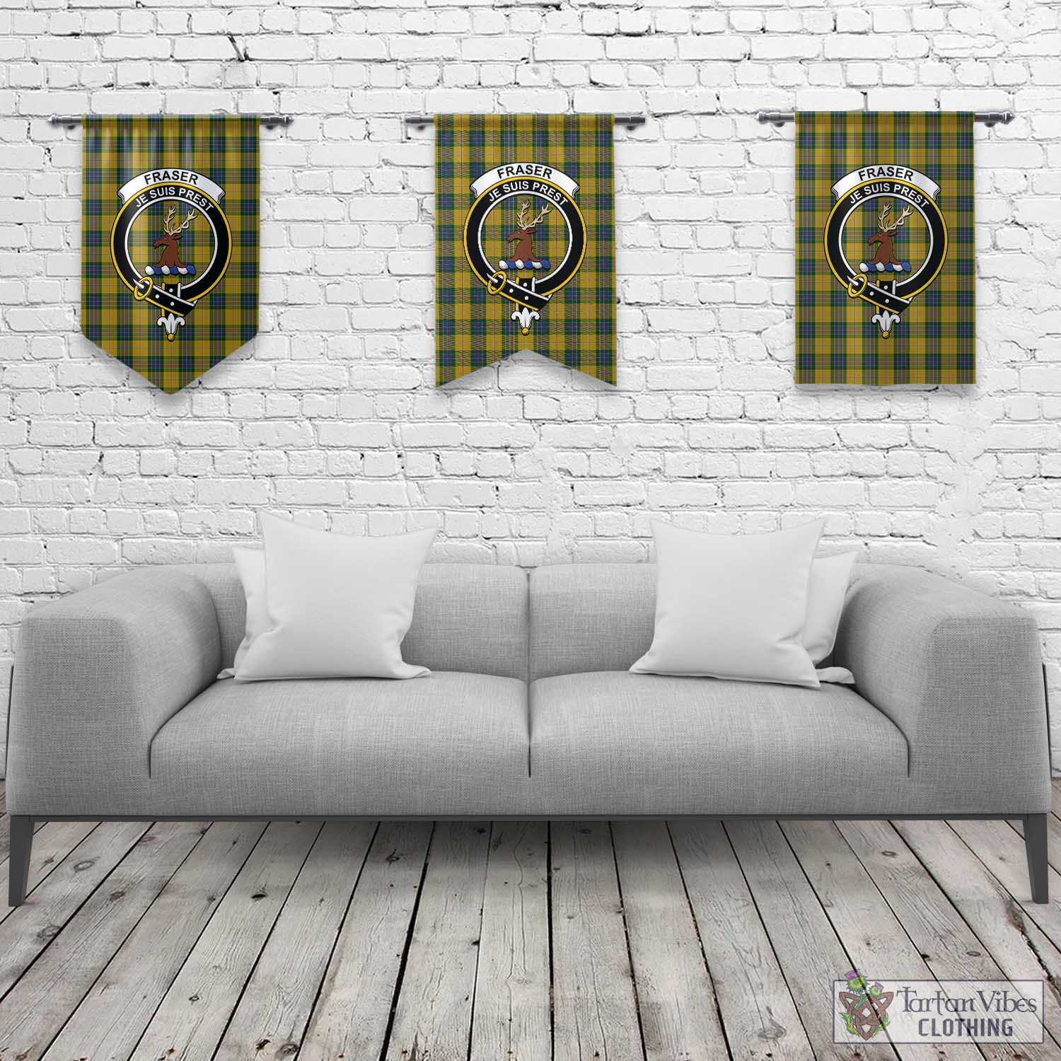 Tartan Vibes Clothing Fraser Yellow Tartan Gonfalon, Tartan Banner with Family Crest