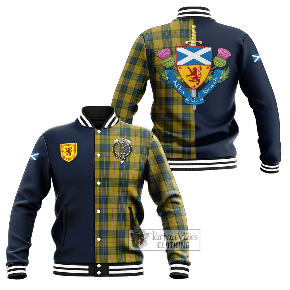 Tartan Vibes Clothing Fraser Yellow Tartan Baseball Jacket with Scottish Lion Royal Arm Half Style