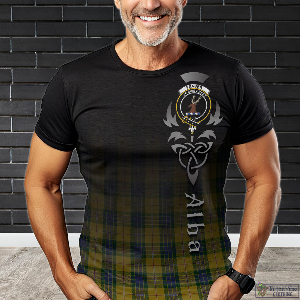 Tartan Vibes Clothing Fraser Yellow Tartan T-Shirt Featuring Alba Gu Brath Family Crest Celtic Inspired