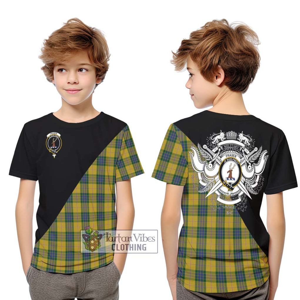 Fraser Yellow Tartan Kid T-Shirt with Family Crest and Military Logo Style Youth XL Size14 - Tartanvibesclothing Shop