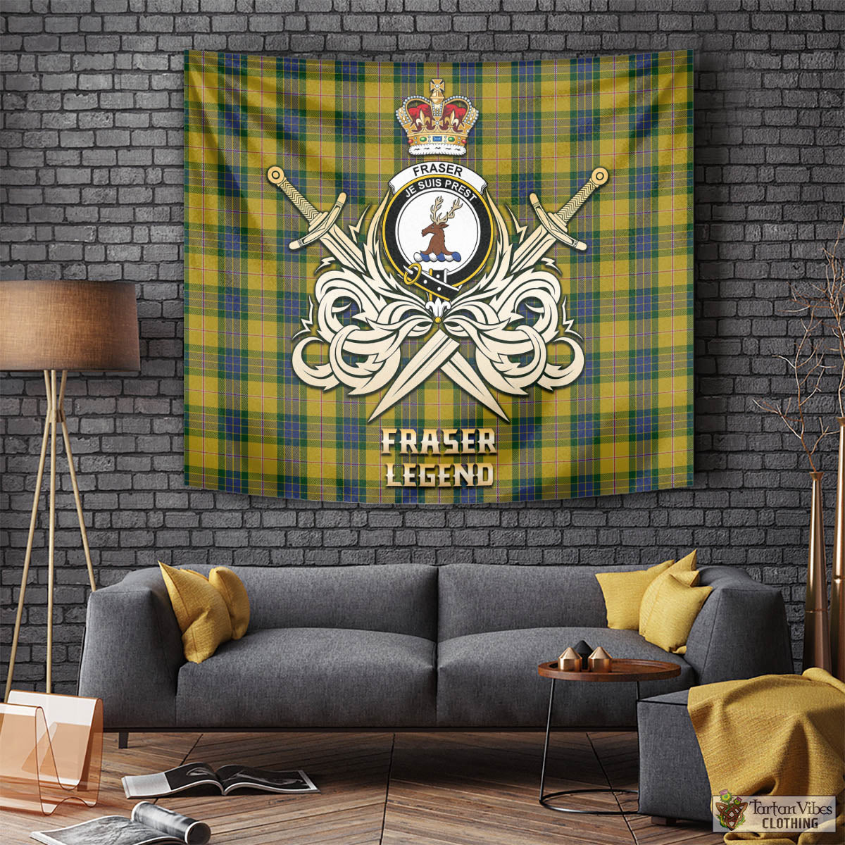 Tartan Vibes Clothing Fraser Yellow Tartan Tapestry with Clan Crest and the Golden Sword of Courageous Legacy