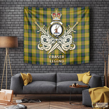 Fraser Yellow Tartan Tapestry with Clan Crest and the Golden Sword of Courageous Legacy