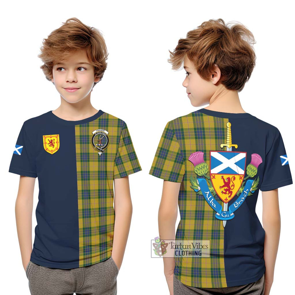 Tartan Vibes Clothing Fraser Yellow Tartan Kid T-Shirt with Scottish Lion Royal Arm Half Style