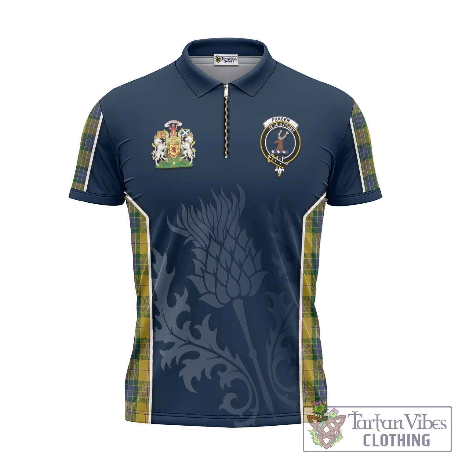 Tartan Vibes Clothing Fraser Yellow Tartan Zipper Polo Shirt with Family Crest and Scottish Thistle Vibes Sport Style