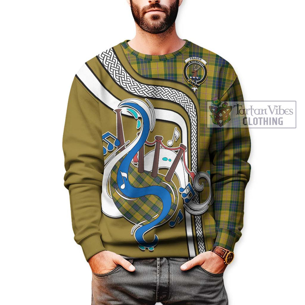 Fraser Yellow Tartan Sweatshirt with Epic Bagpipe Style Unisex - Tartanvibesclothing Shop