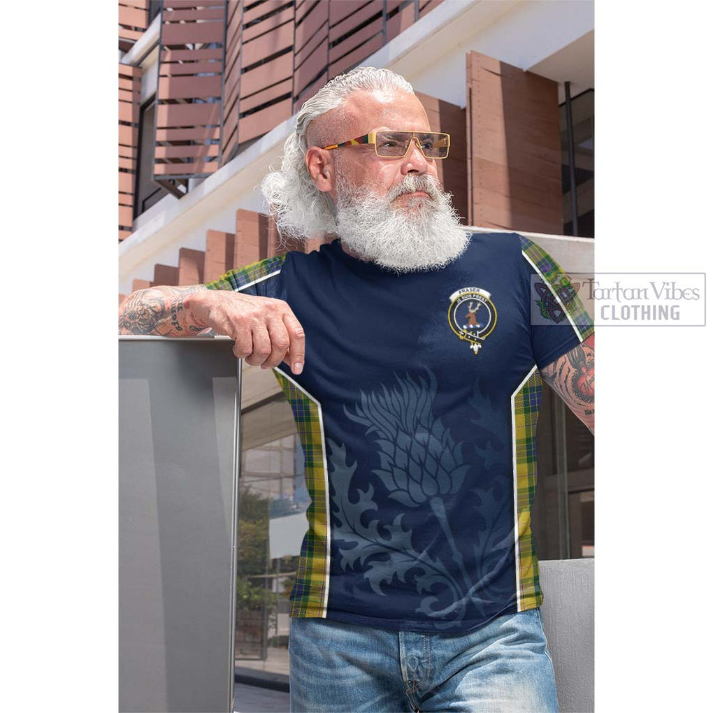 Tartan Vibes Clothing Fraser Yellow Tartan Cotton T-shirt with Family Crest and Scottish Thistle Vibes Sport Style