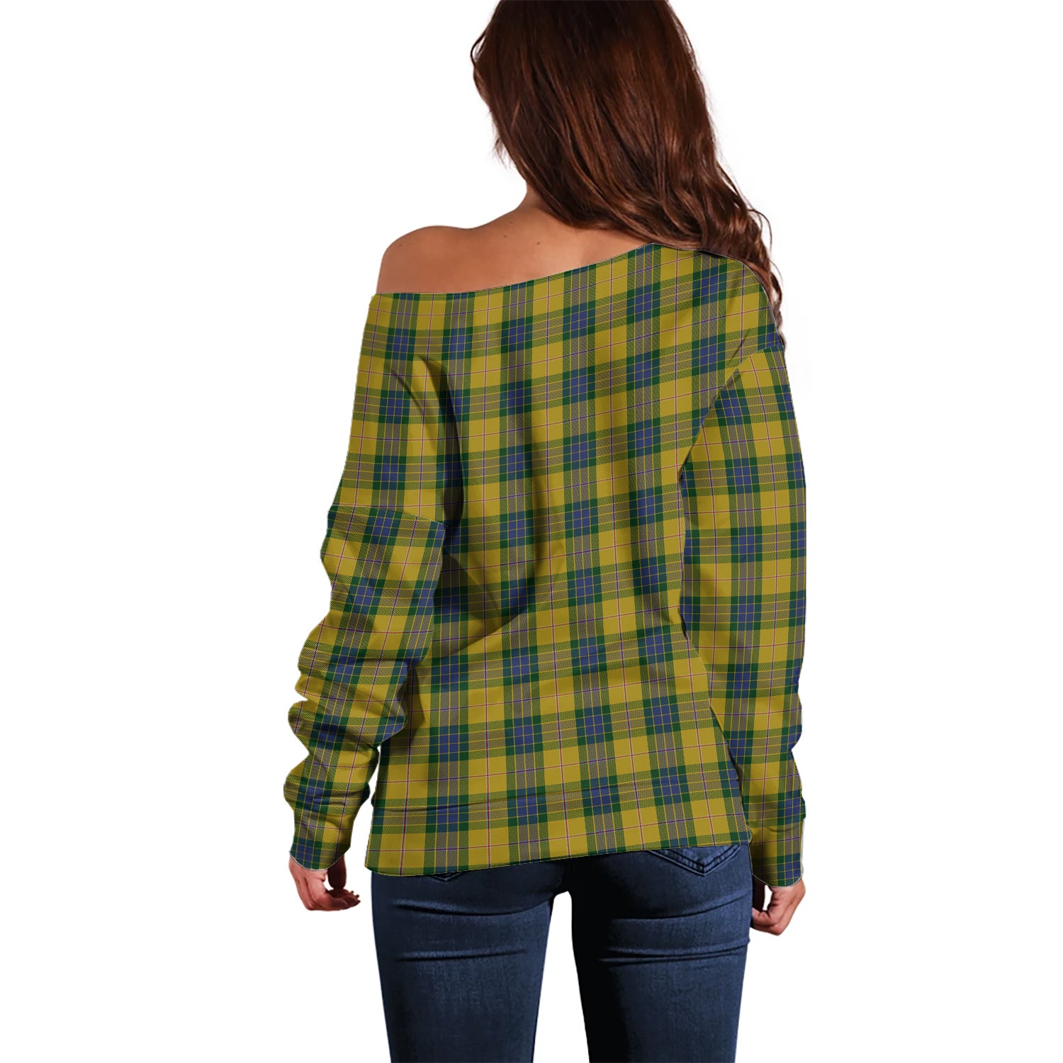 Fraser Yellow Tartan Off Shoulder Women Sweater with Family Crest - Tartanvibesclothing