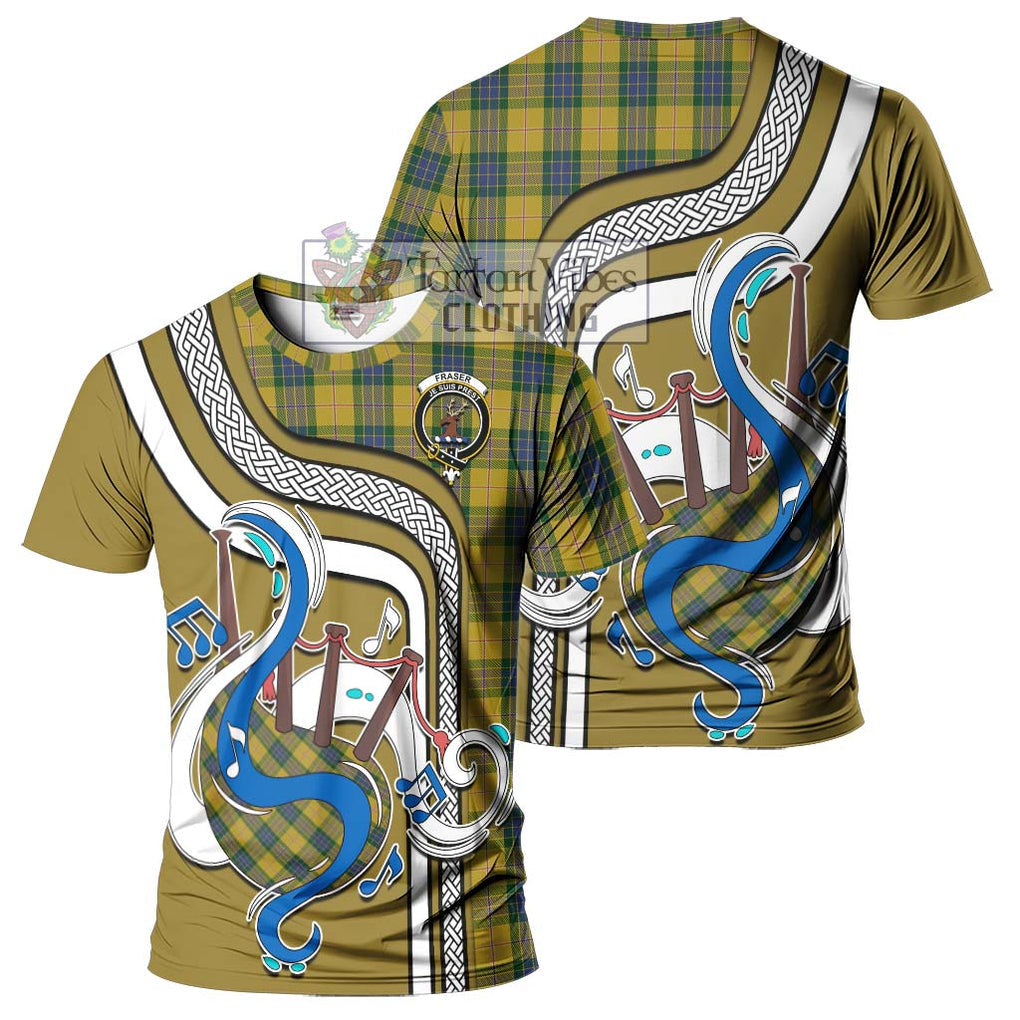 Fraser Yellow Tartan T-Shirt with Epic Bagpipe Style - Tartanvibesclothing Shop