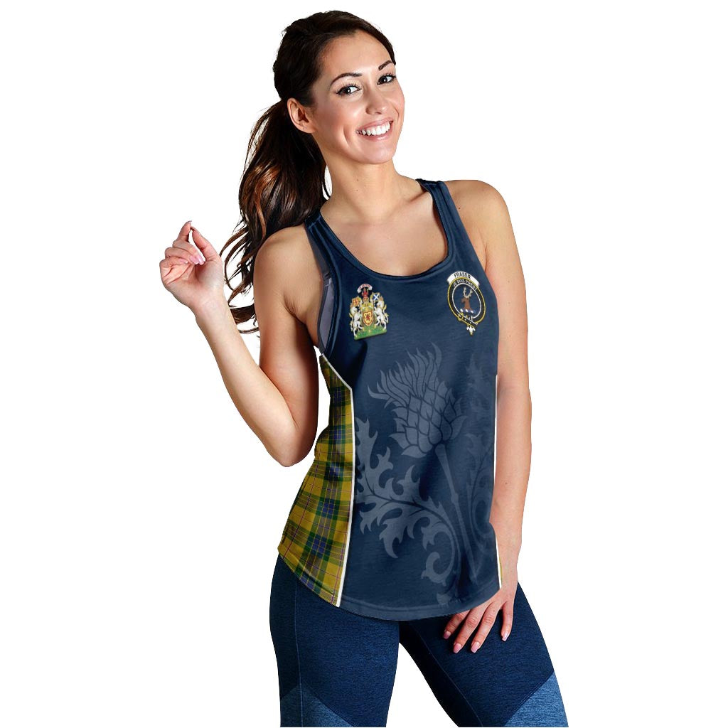 Tartan Vibes Clothing Fraser Yellow Tartan Women's Racerback Tanks with Family Crest and Scottish Thistle Vibes Sport Style