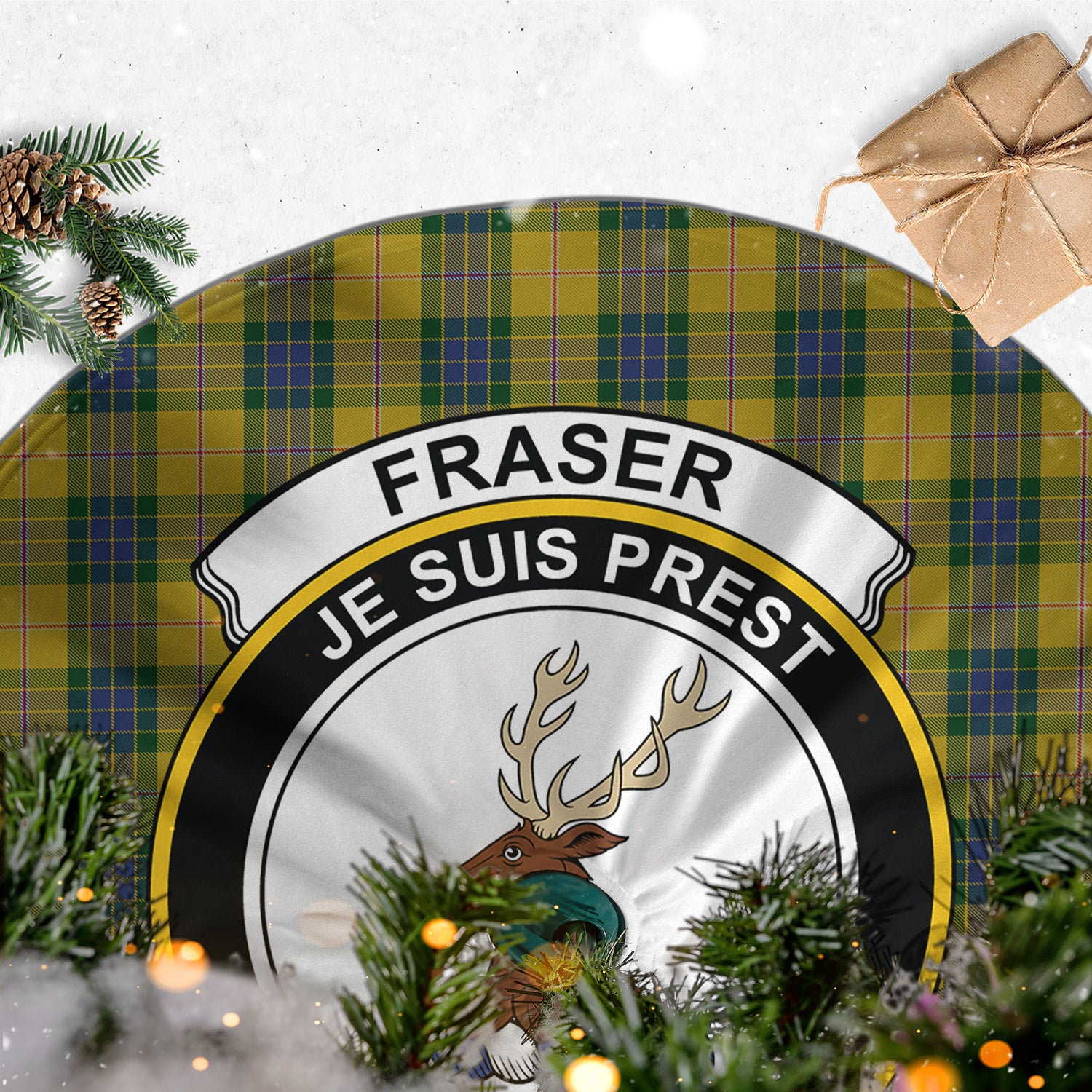 Fraser Yellow Tartan Christmas Tree Skirt with Family Crest - Tartanvibesclothing