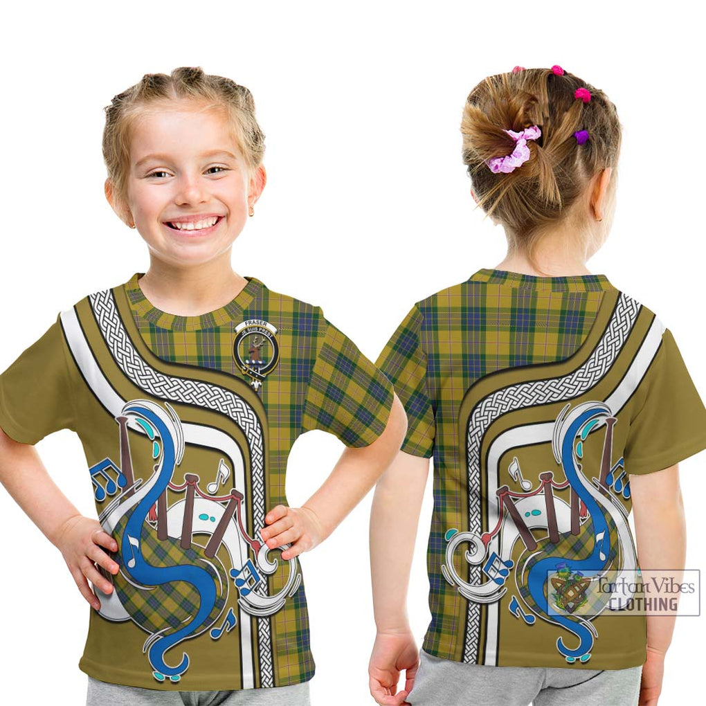 Tartan Vibes Clothing Fraser Yellow Tartan Kid T-Shirt with Epic Bagpipe Style