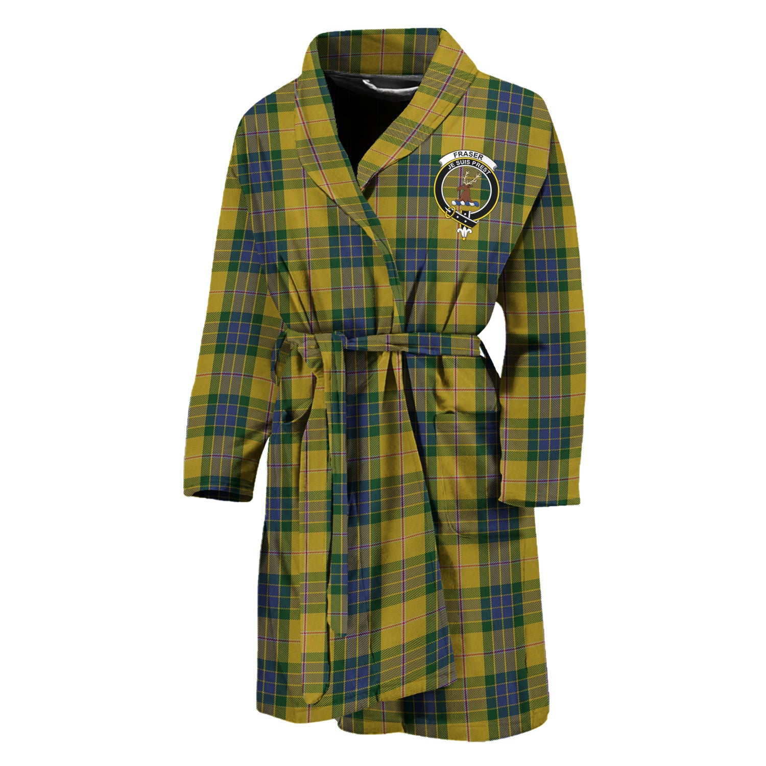 Fraser Yellow Tartan Bathrobe with Family Crest Unisex M - Tartan Vibes Clothing