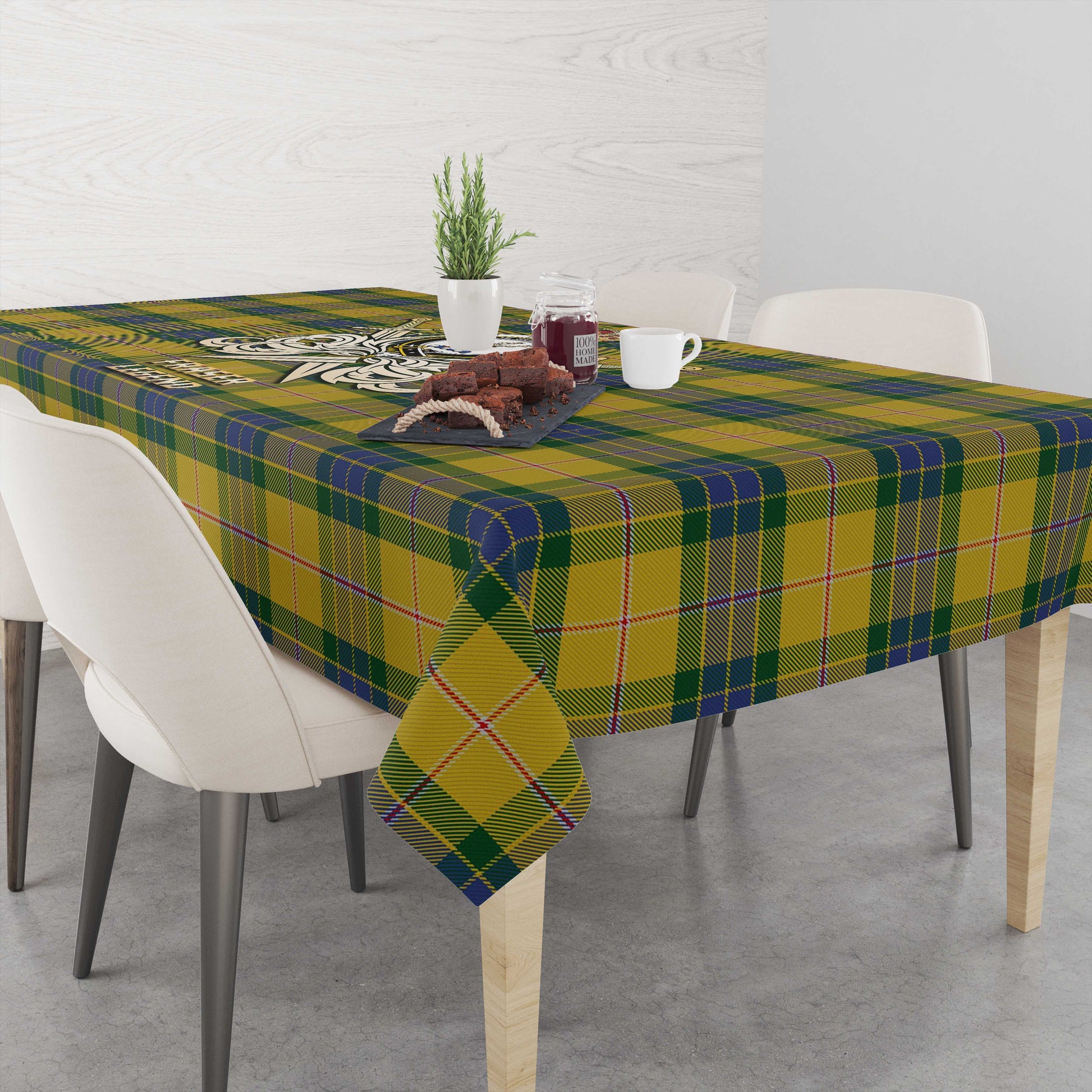 Tartan Vibes Clothing Fraser Yellow Tartan Tablecloth with Clan Crest and the Golden Sword of Courageous Legacy