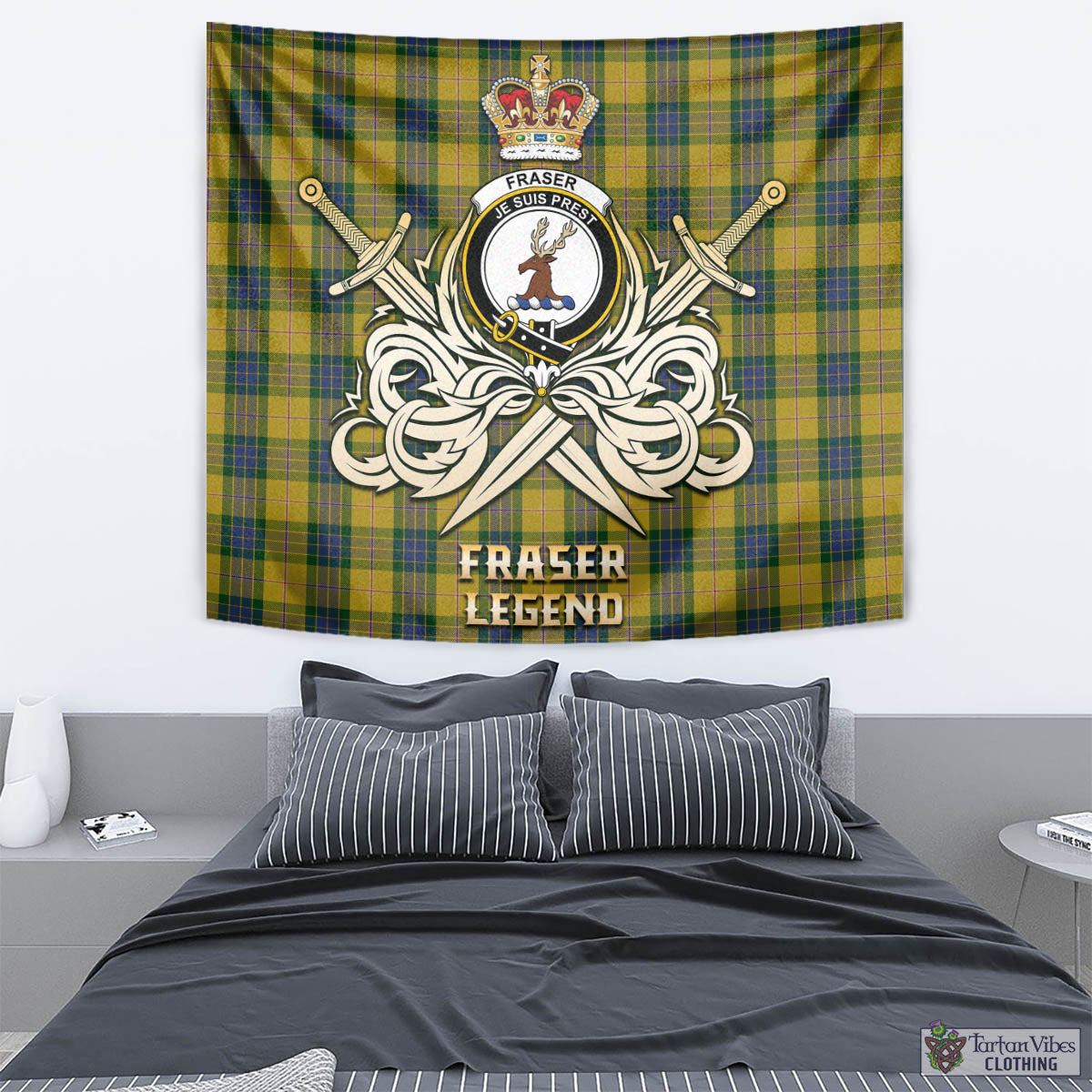 Tartan Vibes Clothing Fraser Yellow Tartan Tapestry with Clan Crest and the Golden Sword of Courageous Legacy