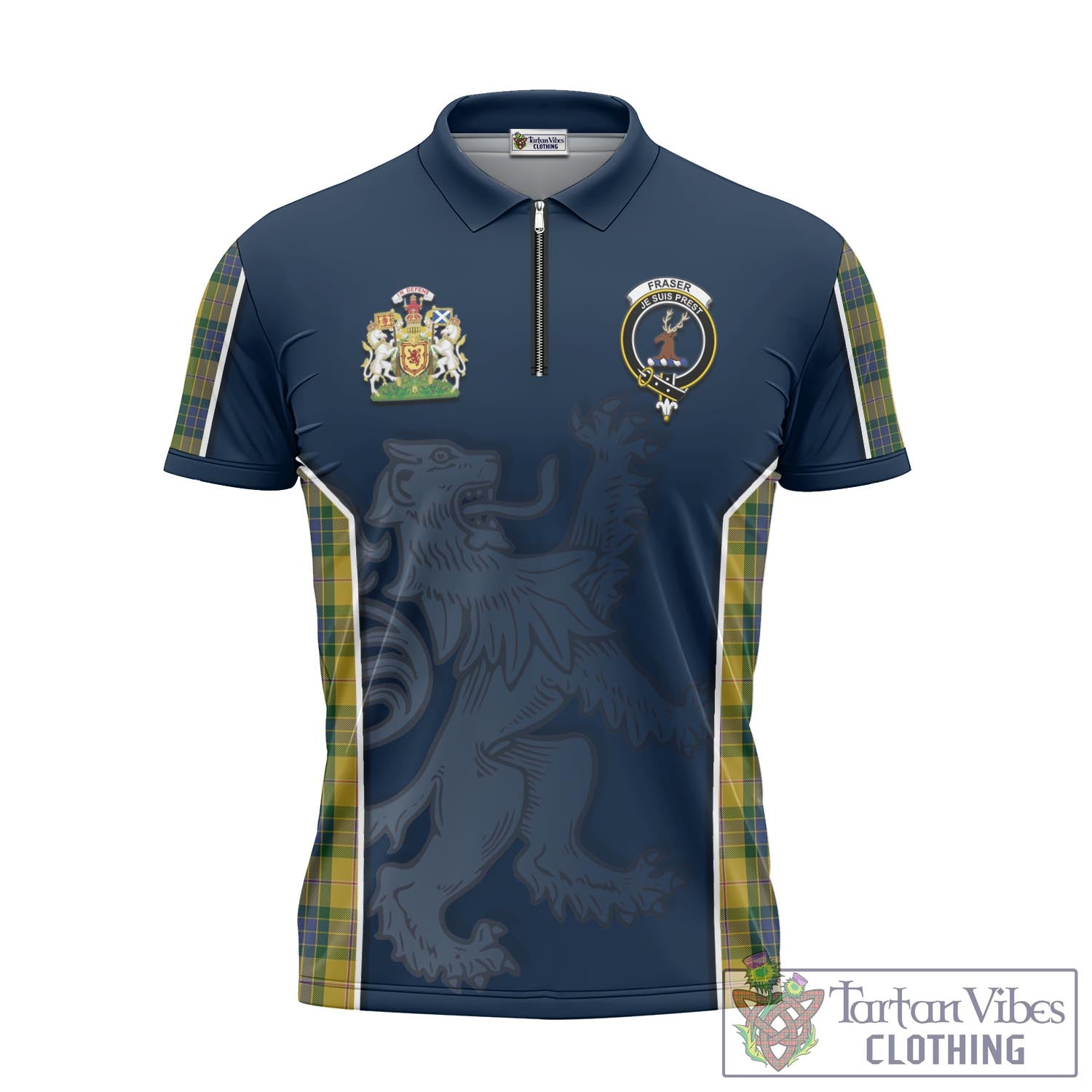 Tartan Vibes Clothing Fraser Yellow Tartan Zipper Polo Shirt with Family Crest and Lion Rampant Vibes Sport Style