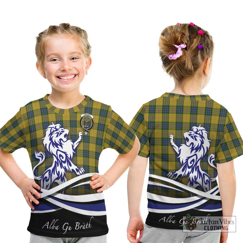 Fraser Yellow Tartan Kid T-Shirt with Alba Gu Brath Regal Lion Emblem - Tartanvibesclothing Shop