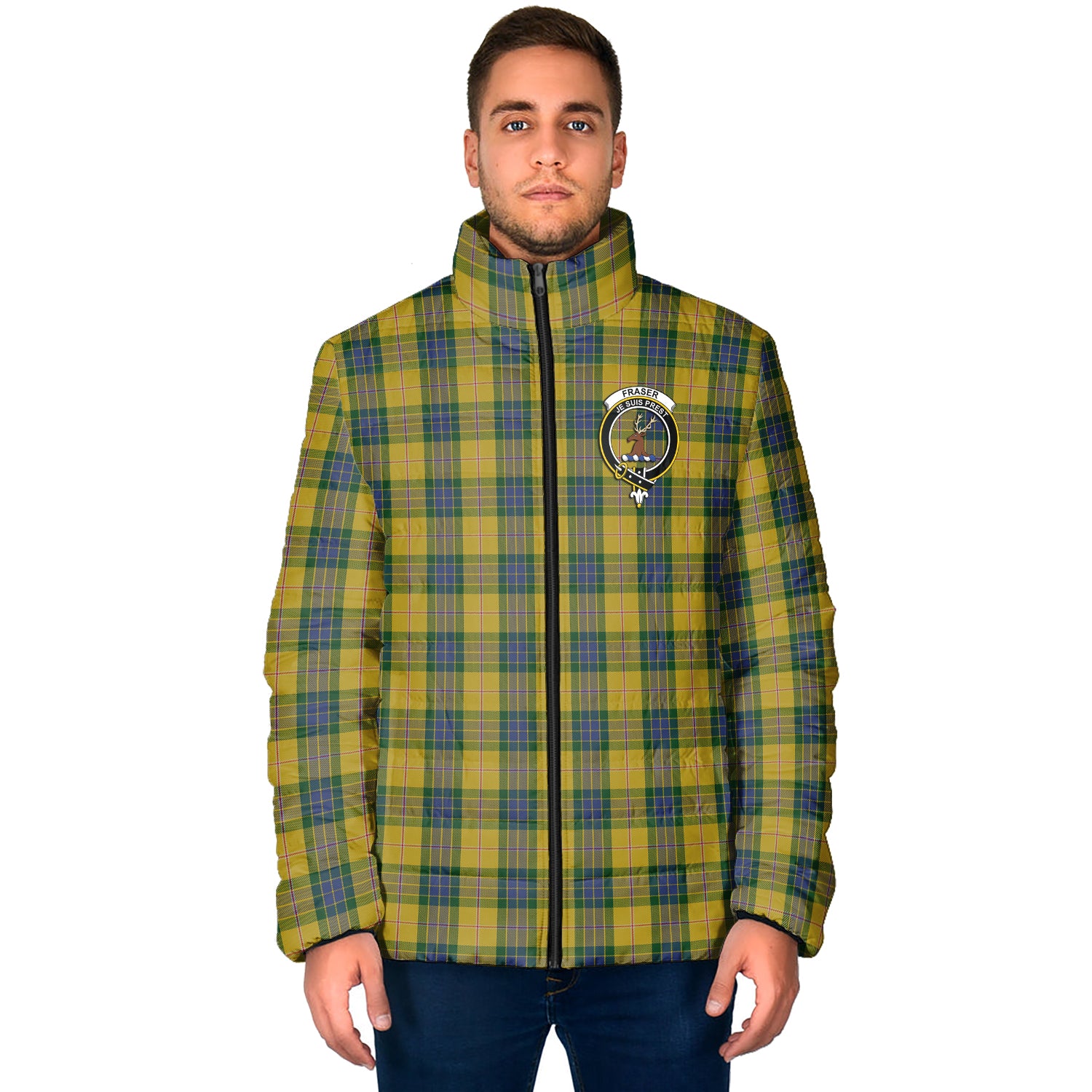 Fraser Yellow Tartan Padded Jacket with Family Crest - Tartan Vibes Clothing