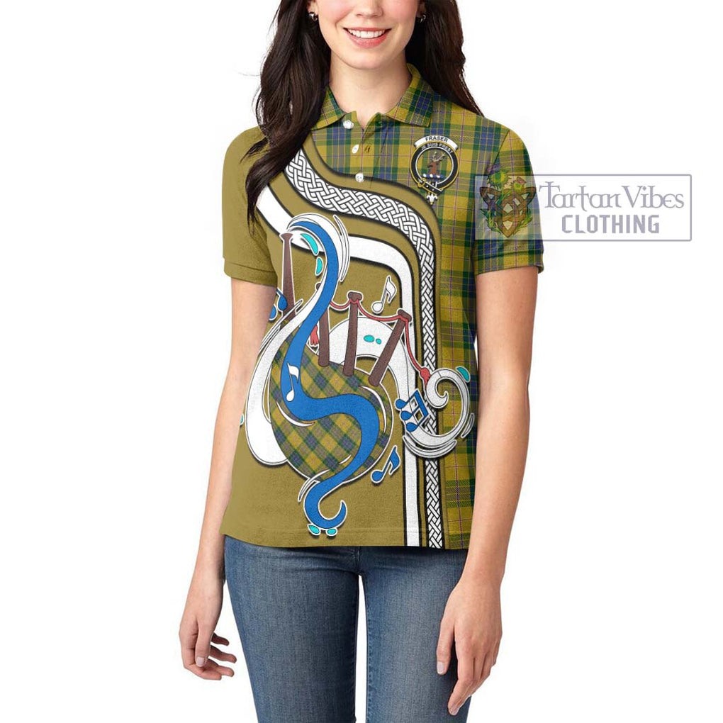 Fraser Yellow Tartan Women's Polo Shirt with Epic Bagpipe Style - Tartanvibesclothing Shop