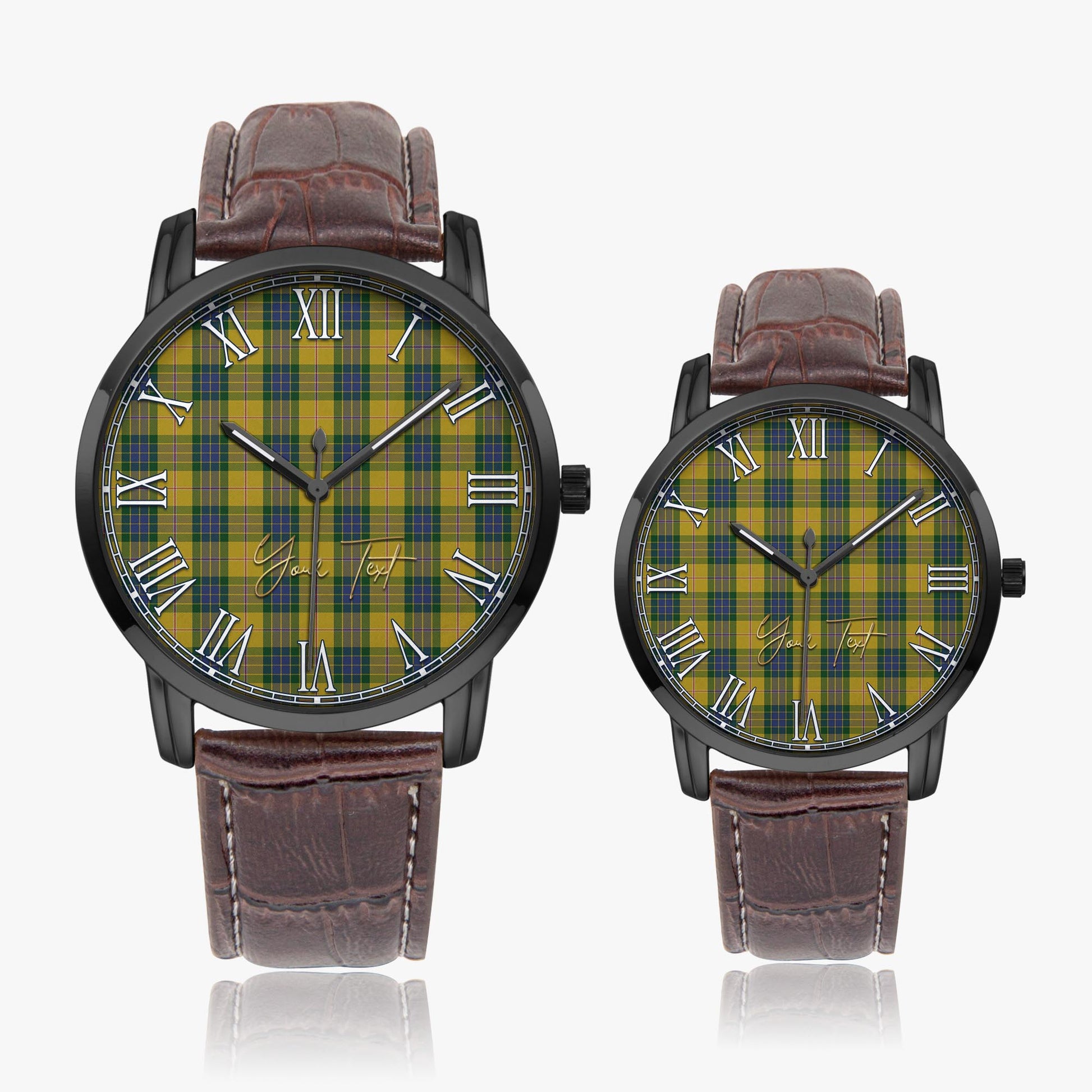 Fraser Yellow Tartan Personalized Your Text Leather Trap Quartz Watch Wide Type Black Case With Brown Leather Strap - Tartanvibesclothing