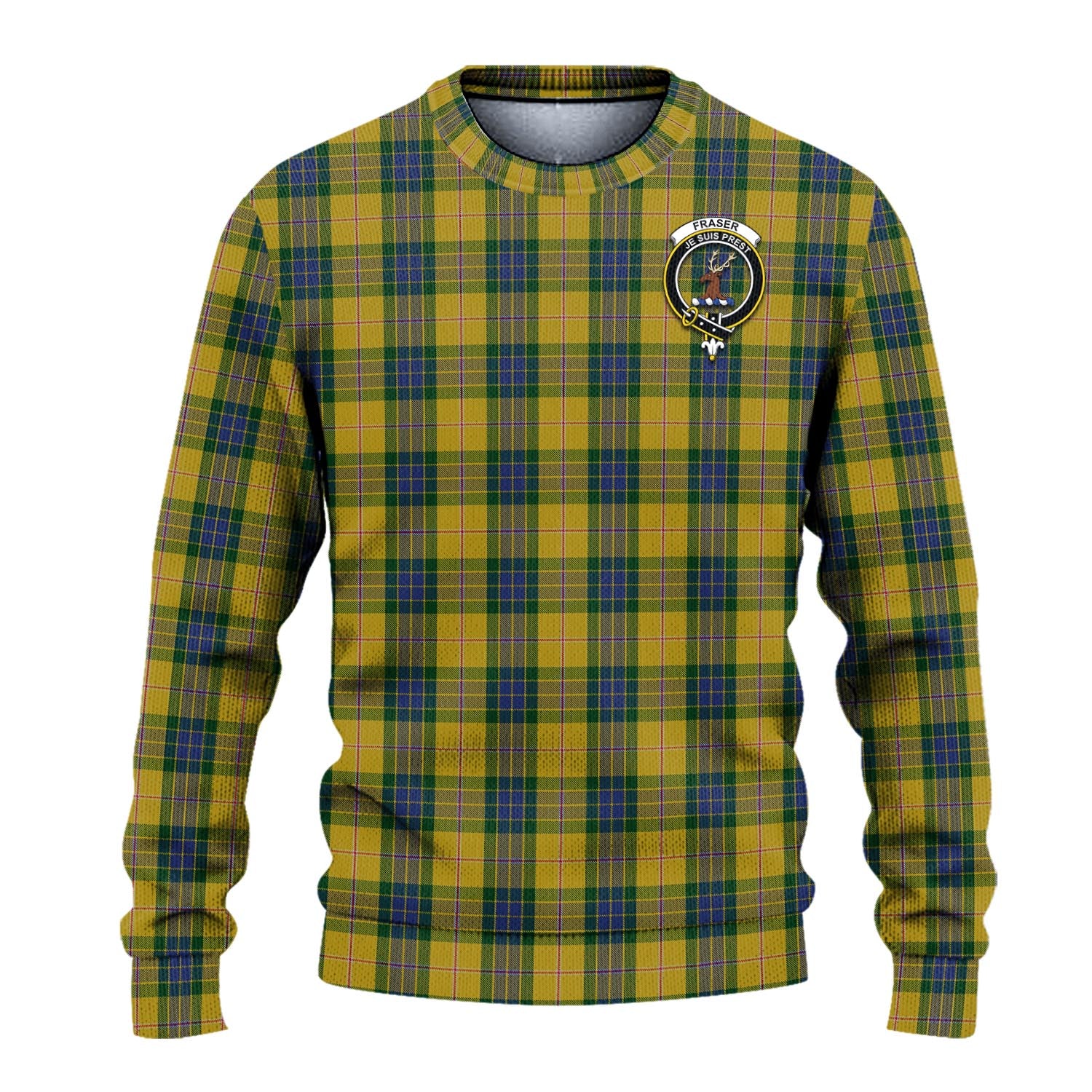 Fraser Yellow Tartan Knitted Sweater with Family Crest - Tartanvibesclothing