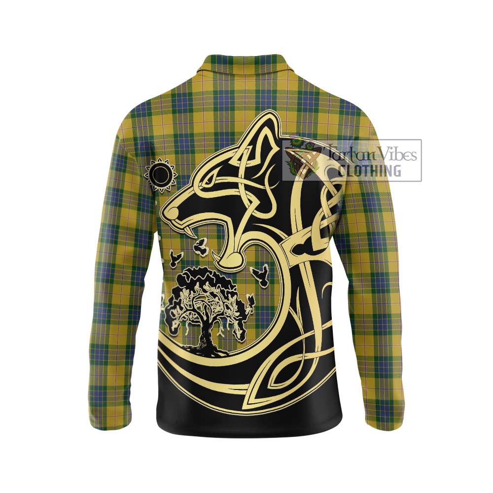 Fraser Yellow Tartan Long Sleeve Polo Shirt with Family Crest Celtic Wolf Style - Tartanvibesclothing Shop