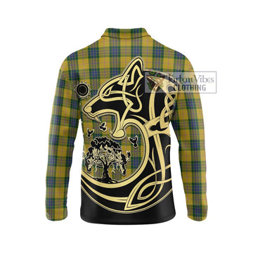 Fraser Yellow Tartan Long Sleeve Polo Shirt with Family Crest Celtic Wolf Style