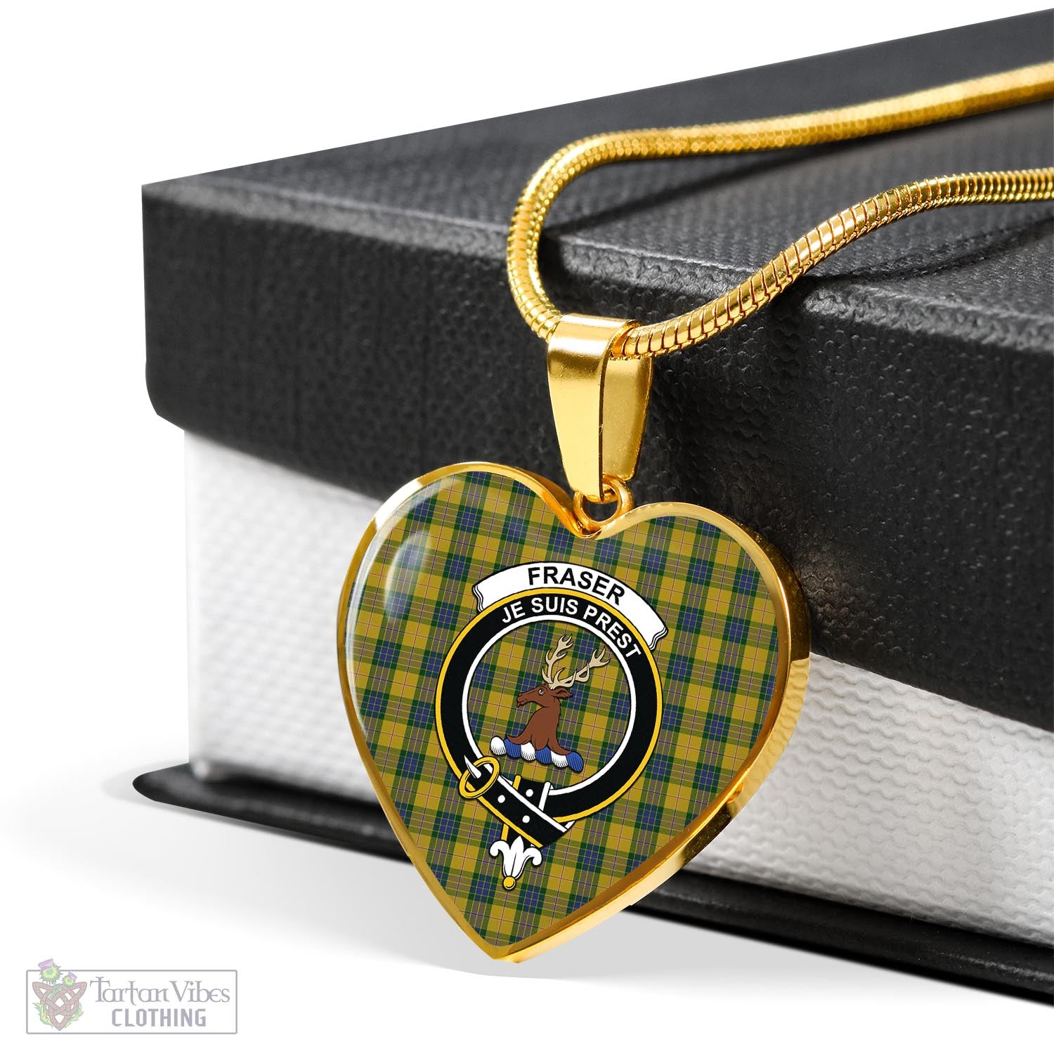 Tartan Vibes Clothing Fraser Yellow Tartan Heart Necklace with Family Crest