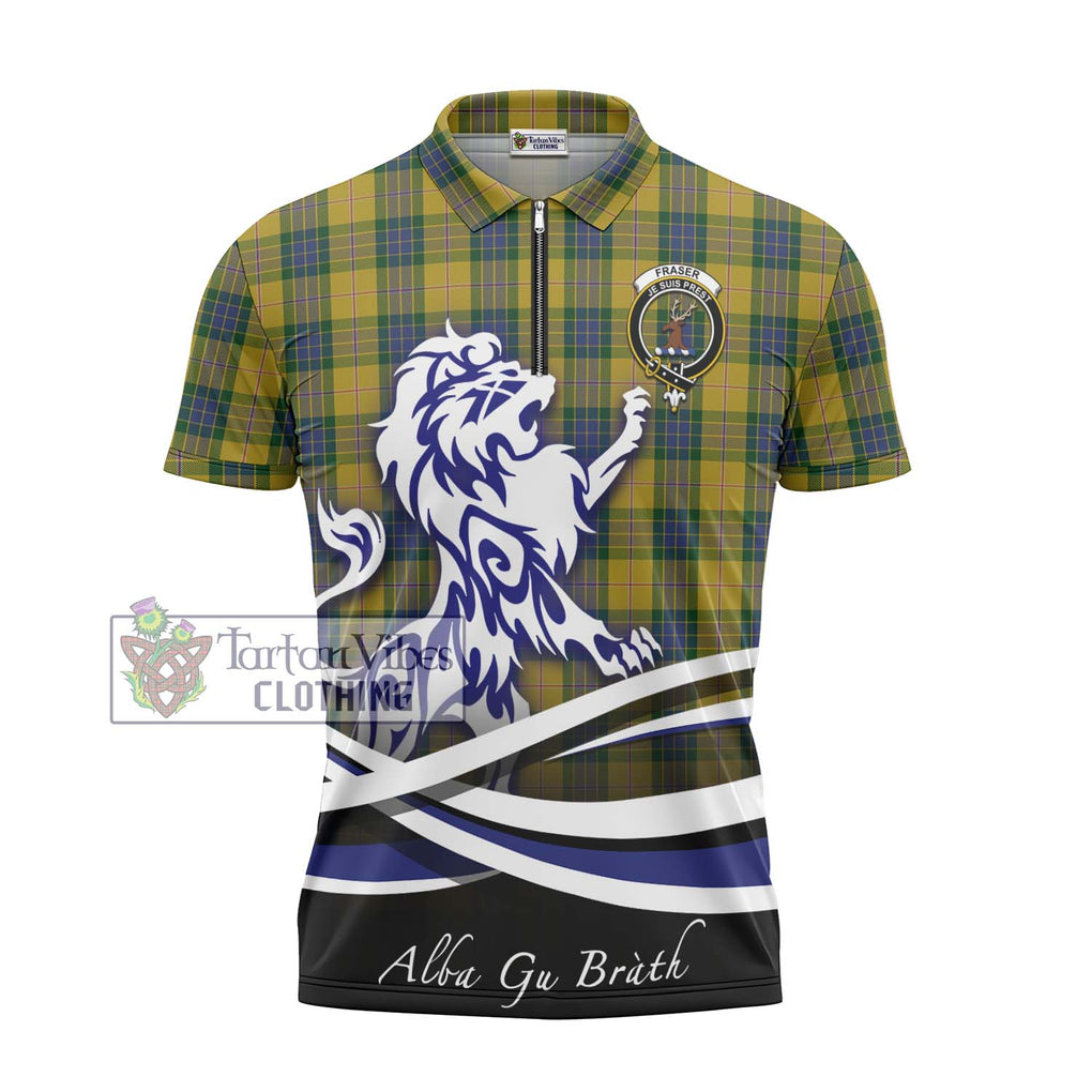 Fraser Yellow Tartan Zipper Polo Shirt with Alba Gu Brath Regal Lion Emblem - Tartanvibesclothing Shop