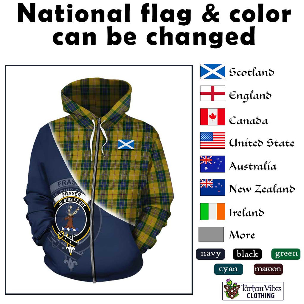 Fraser Yellow Tartan Hoodie with Personalised National Flag and Family Crest Half Style - Tartanvibesclothing Shop