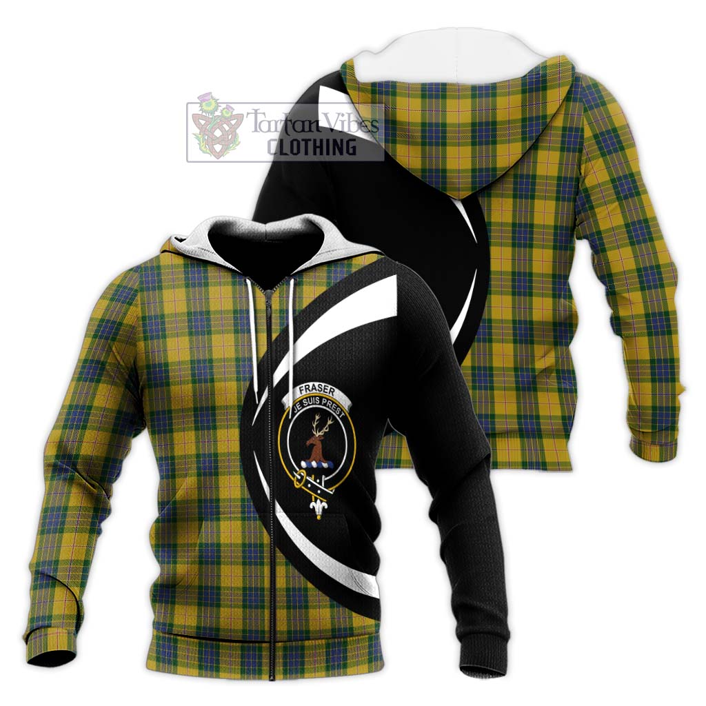 Fraser Yellow Tartan Knitted Hoodie with Family Crest Circle Style Unisex Knitted Zip Hoodie - Tartan Vibes Clothing