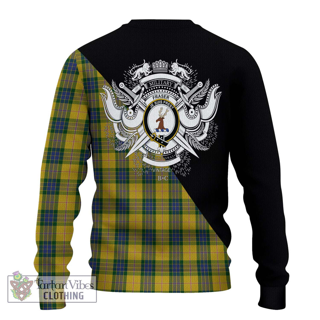 Fraser Yellow Tartan Knitted Sweater with Family Crest and Military Logo Style - Tartanvibesclothing Shop