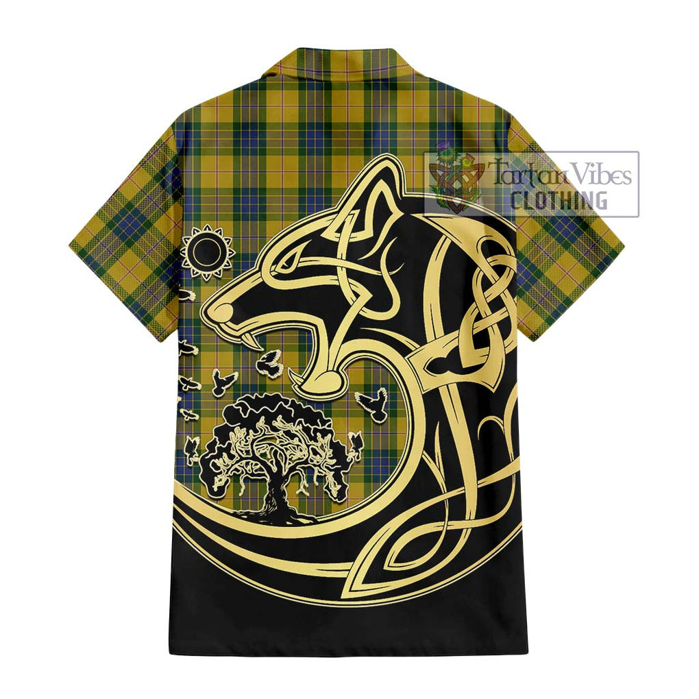 Fraser Yellow Tartan Short Sleeve Button Shirt with Family Crest Celtic Wolf Style - Tartan Vibes Clothing