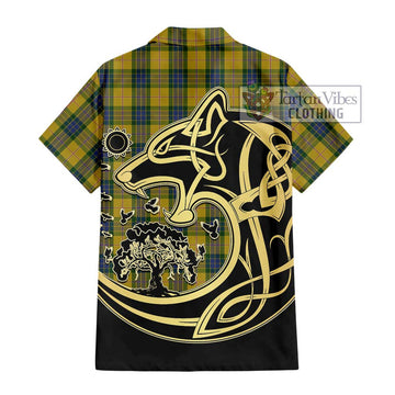 Fraser Yellow Tartan Short Sleeve Button Shirt with Family Crest Celtic Wolf Style