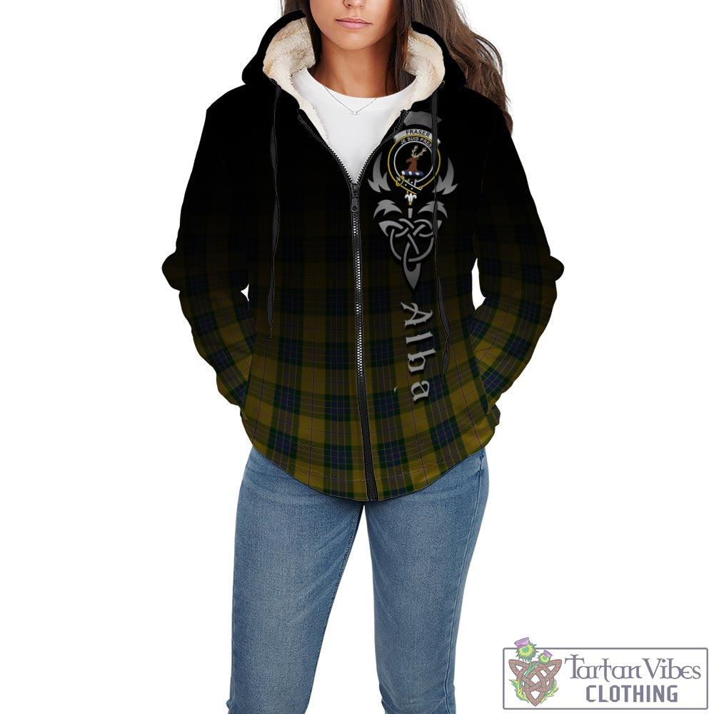 Tartan Vibes Clothing Fraser Yellow Tartan Sherpa Hoodie Featuring Alba Gu Brath Family Crest Celtic Inspired