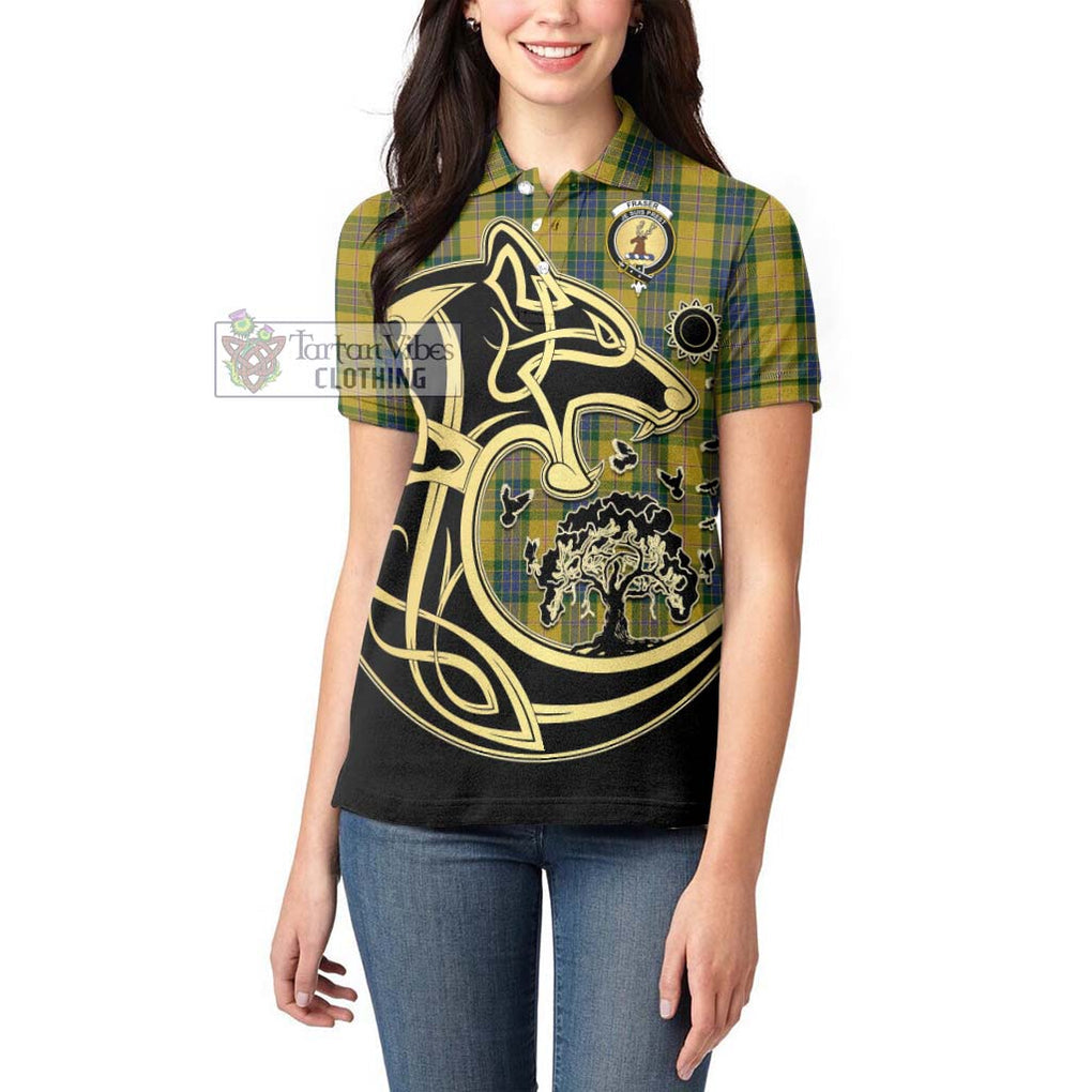 Fraser Yellow Tartan Women's Polo Shirt with Family Crest Celtic Wolf Style - Tartanvibesclothing Shop