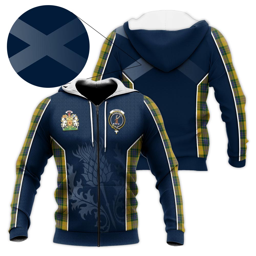 Tartan Vibes Clothing Fraser Yellow Tartan Knitted Hoodie with Family Crest and Scottish Thistle Vibes Sport Style