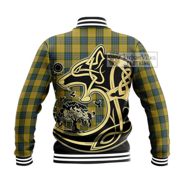 Fraser Yellow Tartan Baseball Jacket with Family Crest Celtic Wolf Style