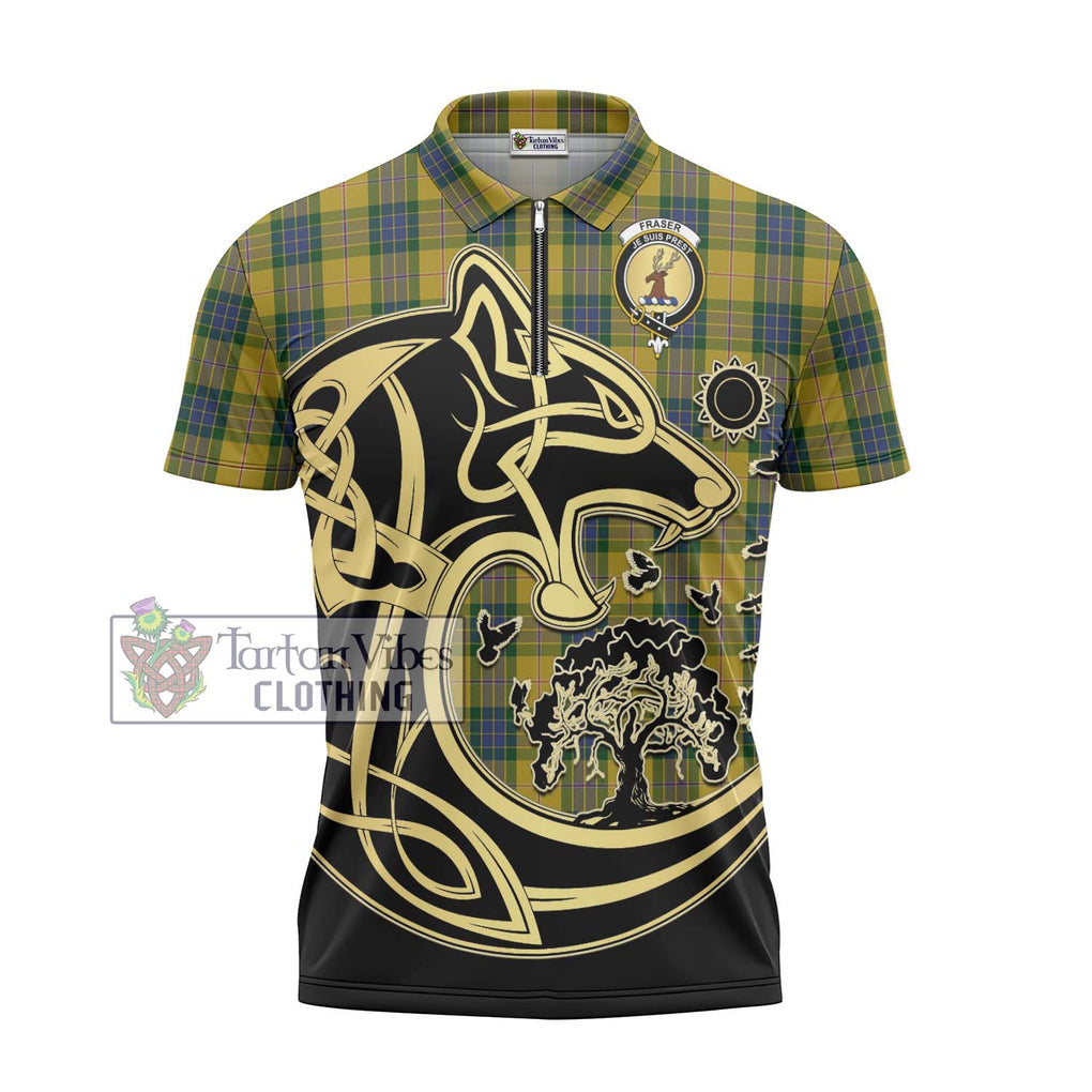 Fraser Yellow Tartan Zipper Polo Shirt with Family Crest Celtic Wolf Style - Tartanvibesclothing Shop