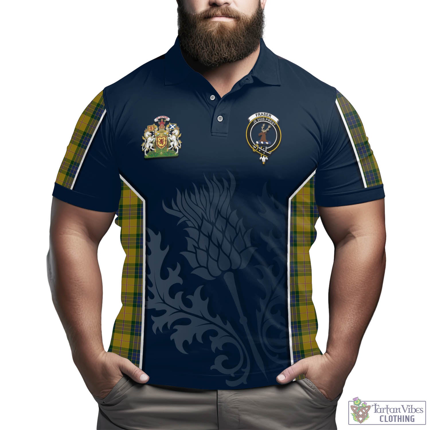 Tartan Vibes Clothing Fraser Yellow Tartan Men's Polo Shirt with Family Crest and Scottish Thistle Vibes Sport Style