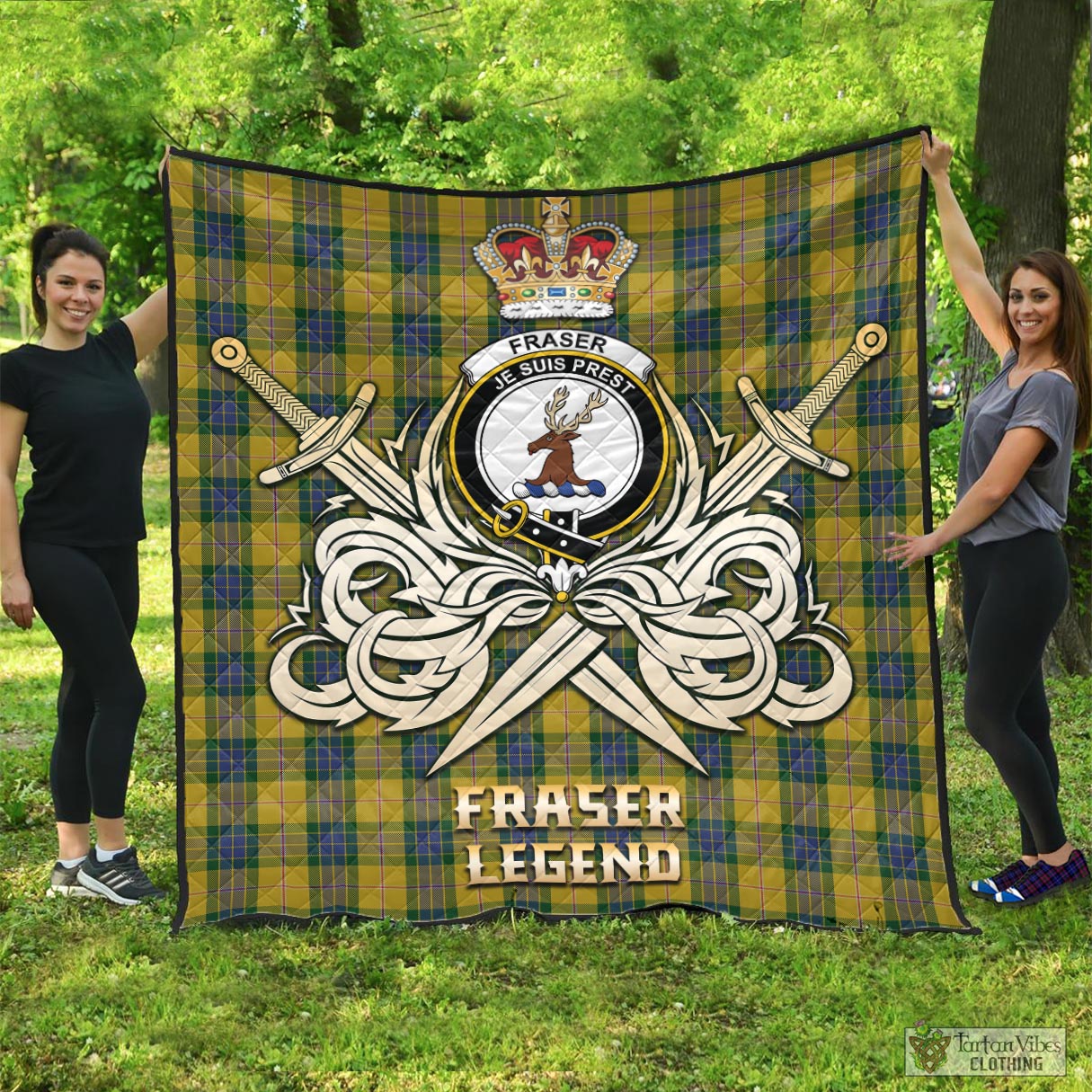 Tartan Vibes Clothing Fraser Yellow Tartan Quilt with Clan Crest and the Golden Sword of Courageous Legacy