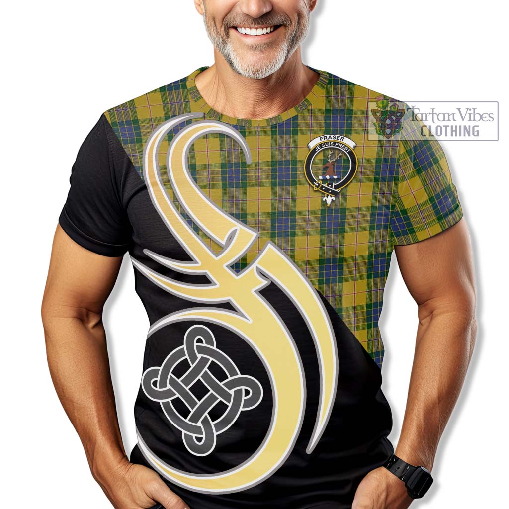 Tartan Vibes Clothing Fraser Yellow Tartan T-Shirt with Family Crest and Celtic Symbol Style