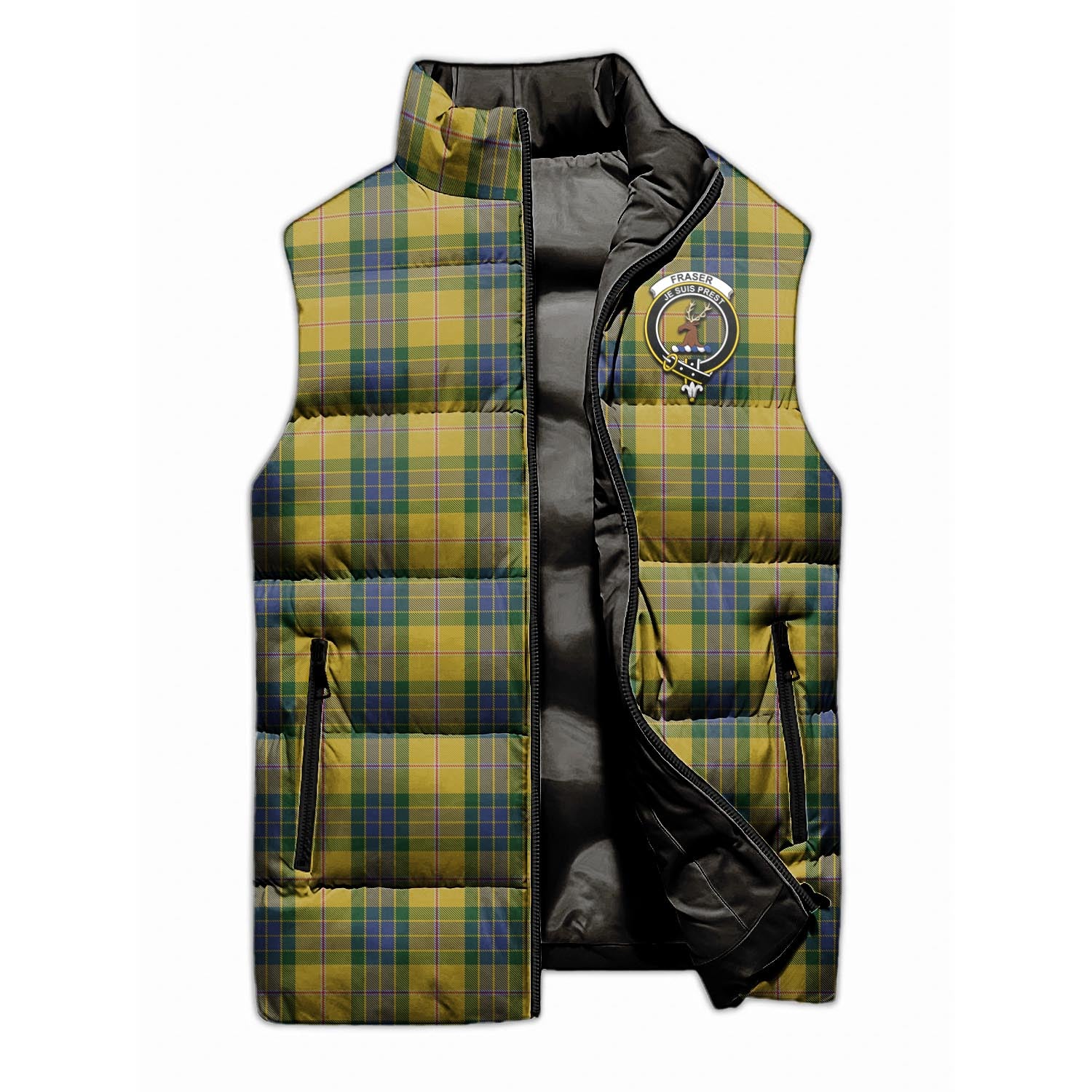 Fraser Yellow Tartan Sleeveless Puffer Jacket with Family Crest - Tartanvibesclothing