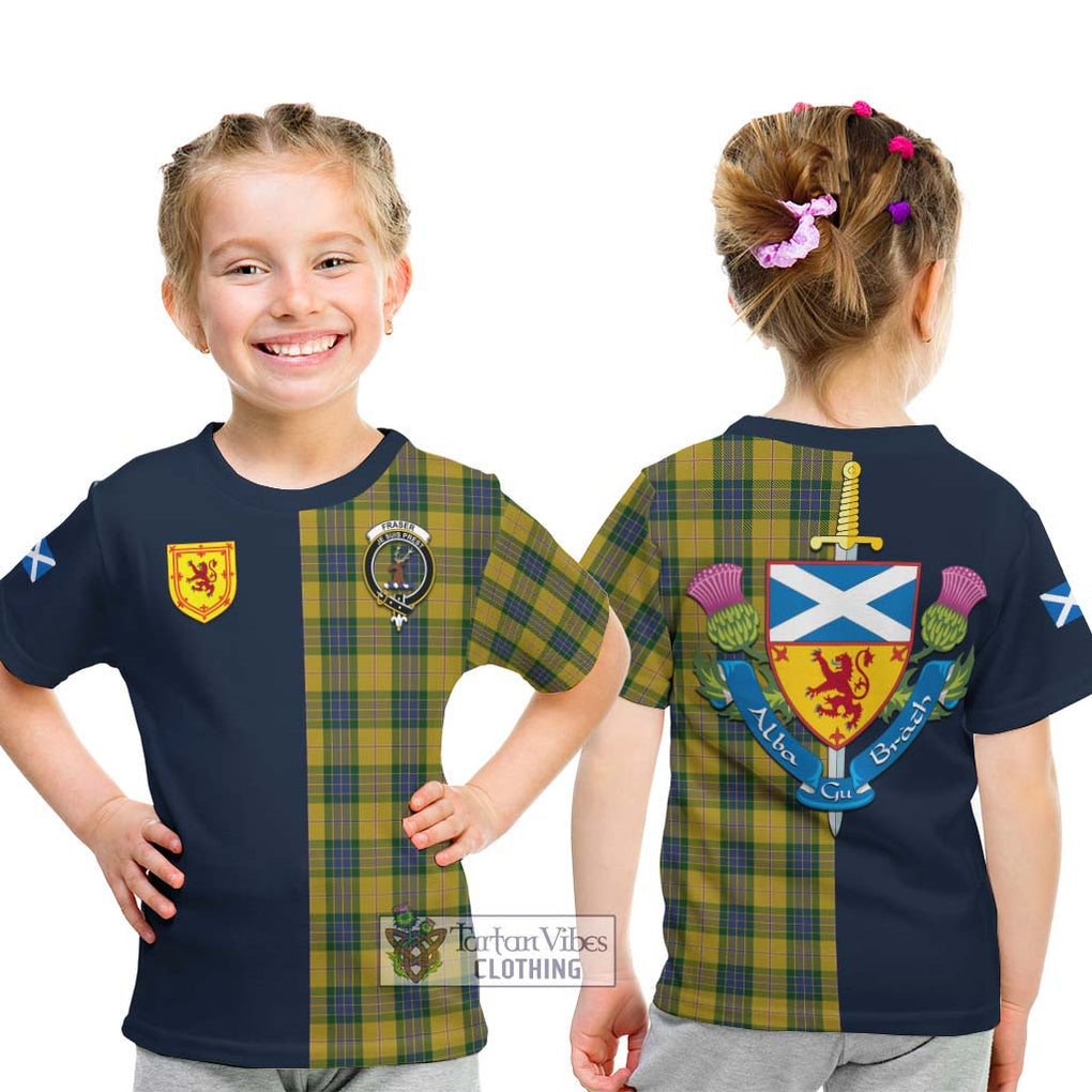 Tartan Vibes Clothing Fraser Yellow Tartan Kid T-Shirt with Scottish Lion Royal Arm Half Style