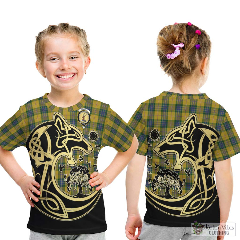 Fraser Yellow Tartan Kid T-Shirt with Family Crest Celtic Wolf Style - Tartan Vibes Clothing