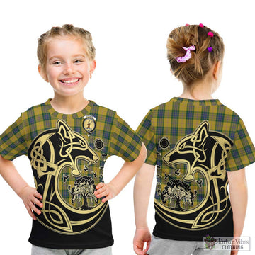 Fraser Yellow Tartan Kid T-Shirt with Family Crest Celtic Wolf Style