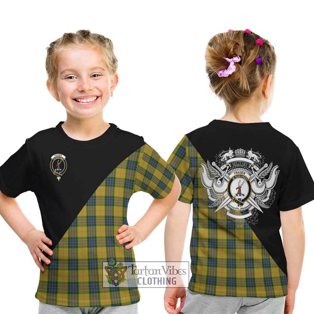 Fraser Yellow Tartan Kid T-Shirt with Family Crest and Military Logo Style - Tartanvibesclothing Shop