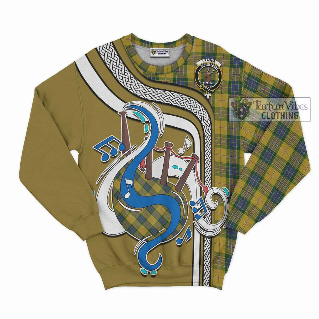 Fraser Yellow Tartan Sweatshirt with Epic Bagpipe Style - Tartanvibesclothing Shop