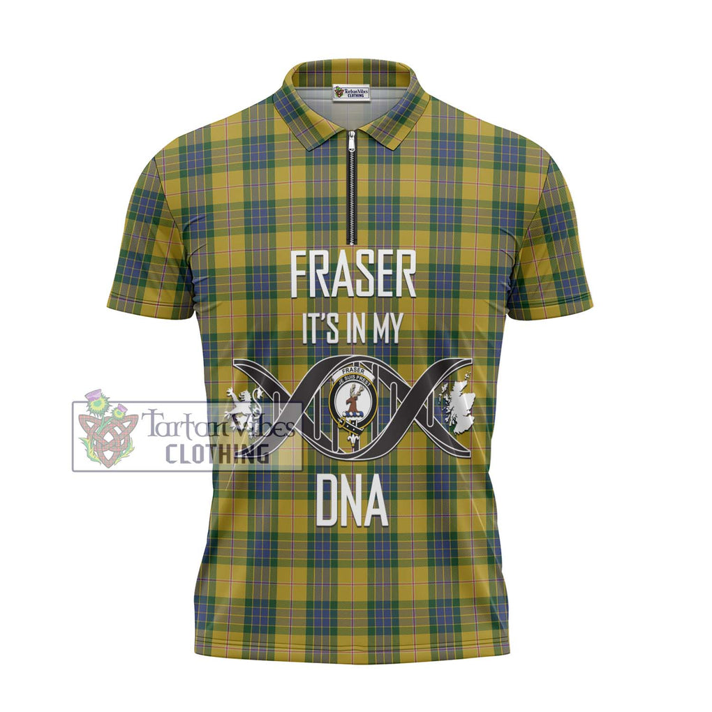 Fraser Yellow Tartan Zipper Polo Shirt with Family Crest DNA In Me Style - Tartanvibesclothing Shop