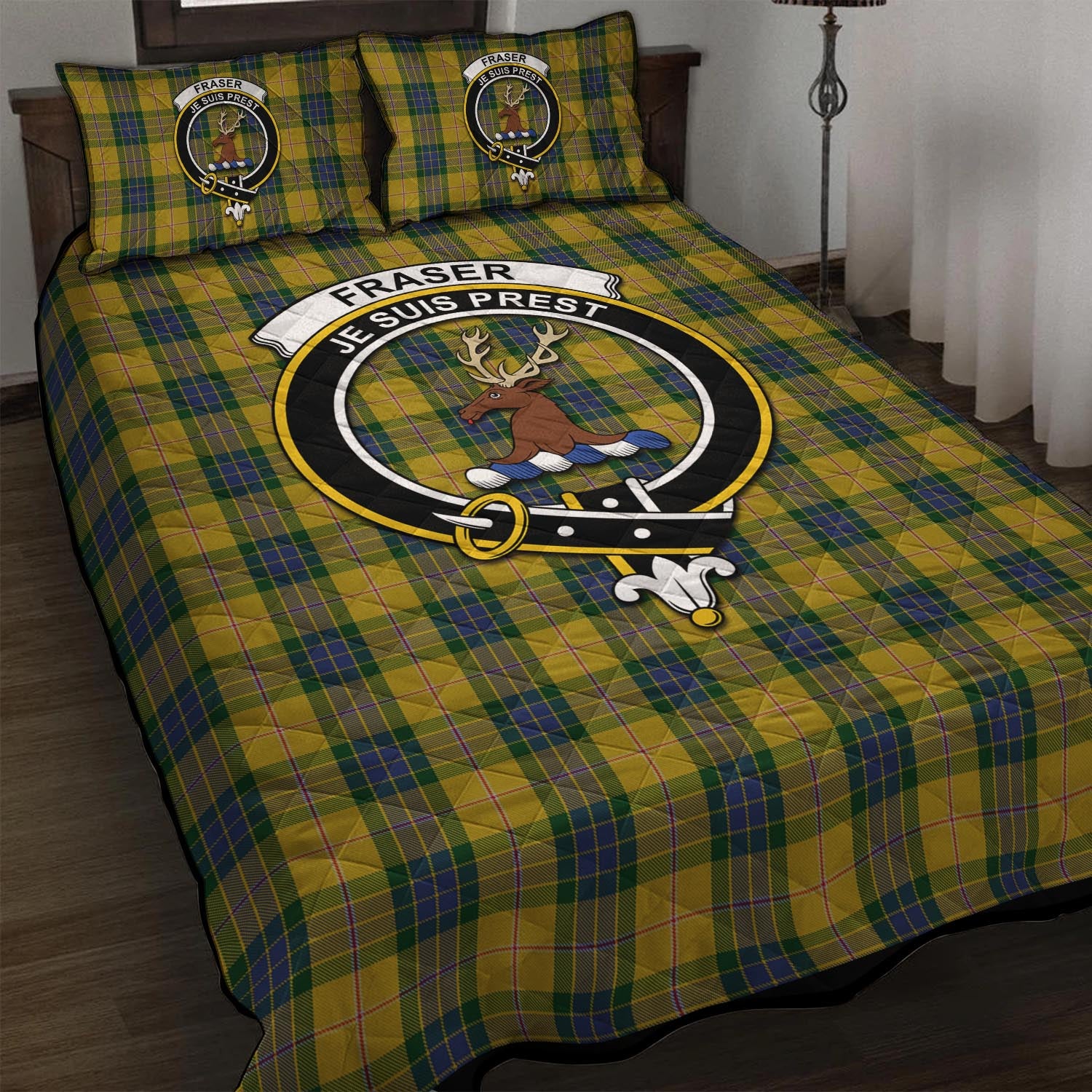 Fraser Yellow Tartan Quilt Bed Set with Family Crest - Tartan Vibes Clothing